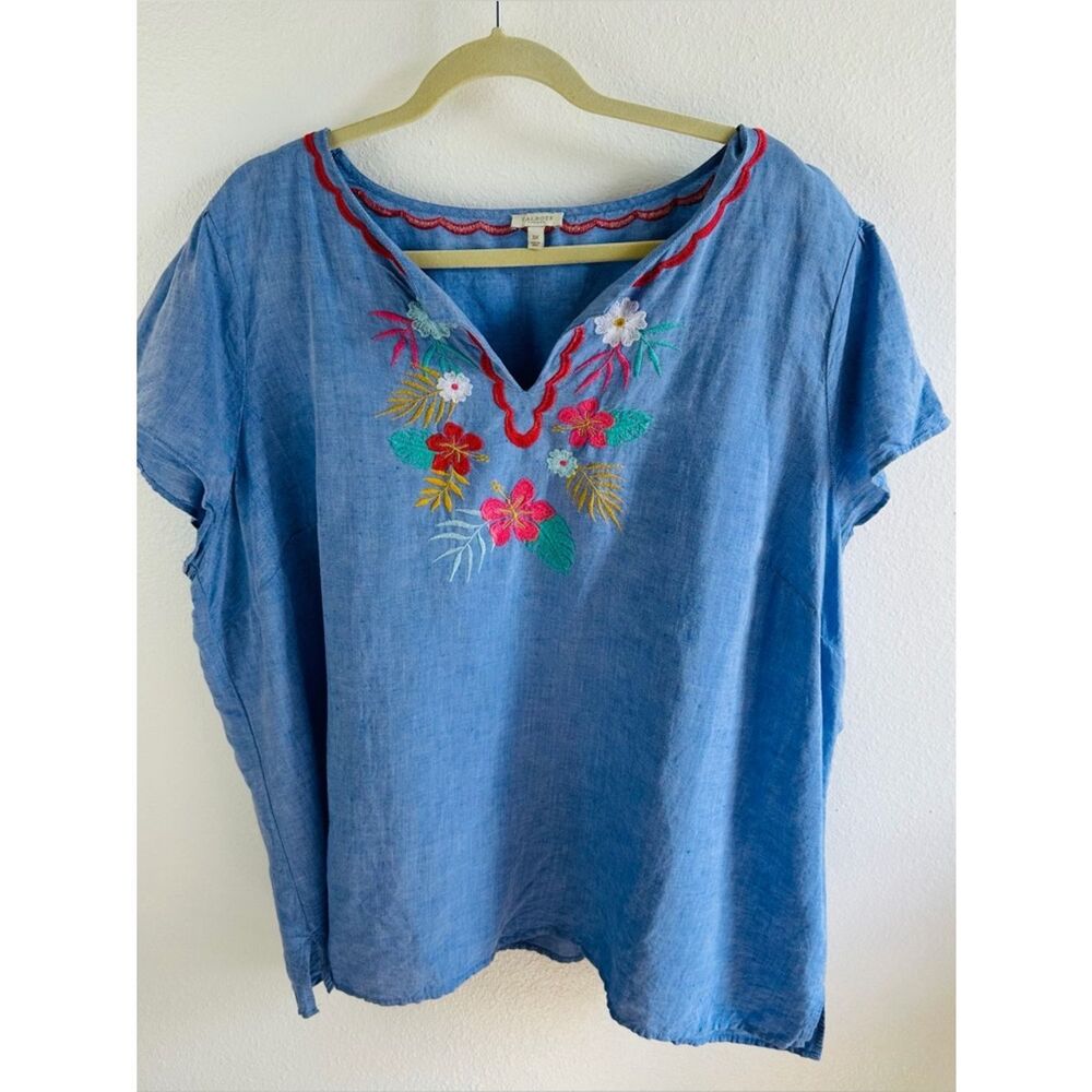 Talbots Linen Cotton Blend Embroidered Floral Blouse Women Size 3X V-Neck Boho